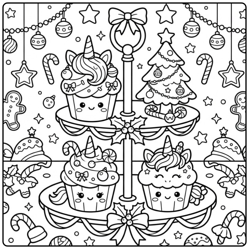 Cheerful Christmas Unicorn Cupcake 1 coloring page