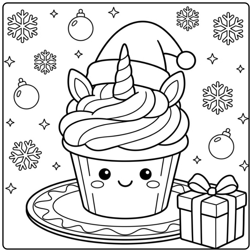 Cheerful Christmas Unicorn Cupcake coloring page
