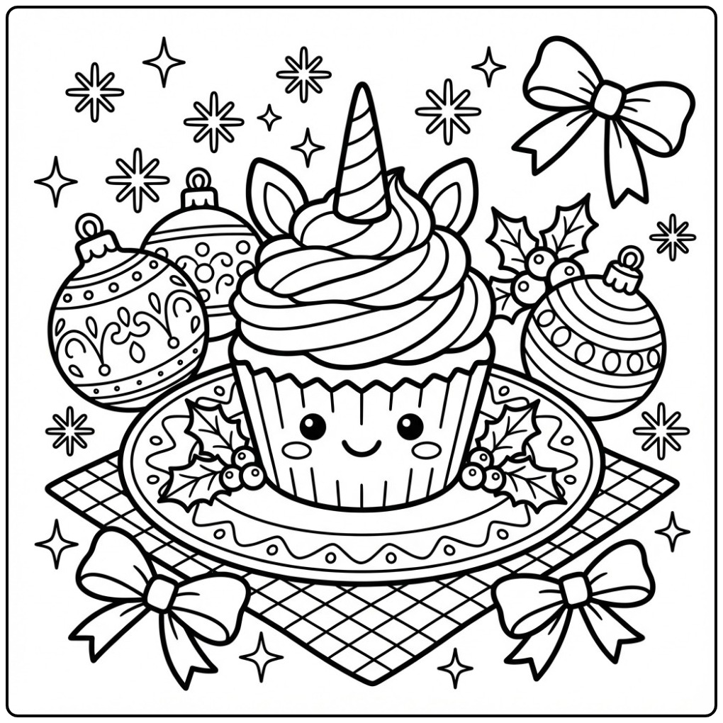 Cheerful Christmas Unicorn Cupcake coloring page