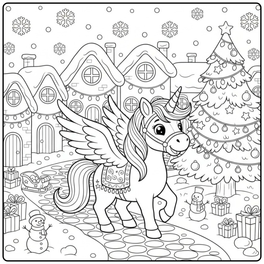 Cheerful Kerstcoloring Page Unicorn with Wings and Gifts coloring page