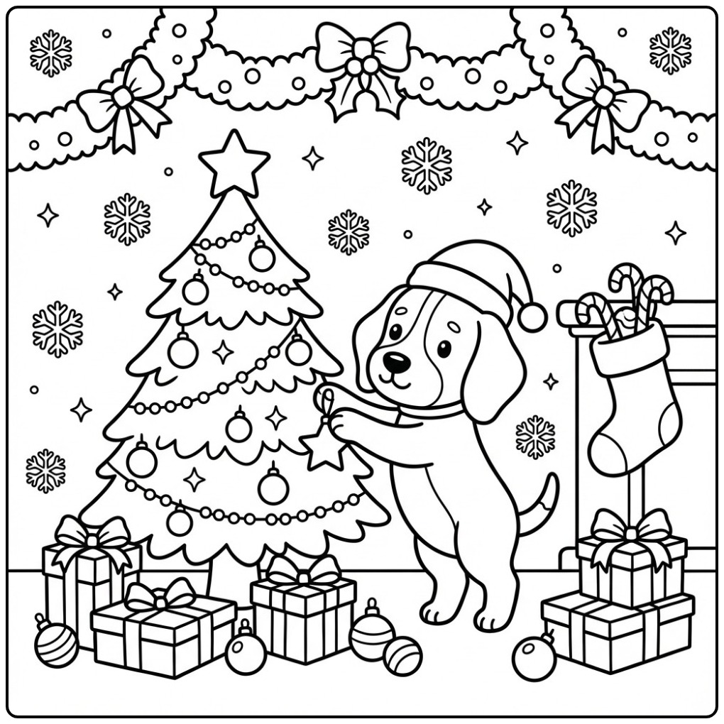 Cheerful Christmas Beagle with Gifts coloring page