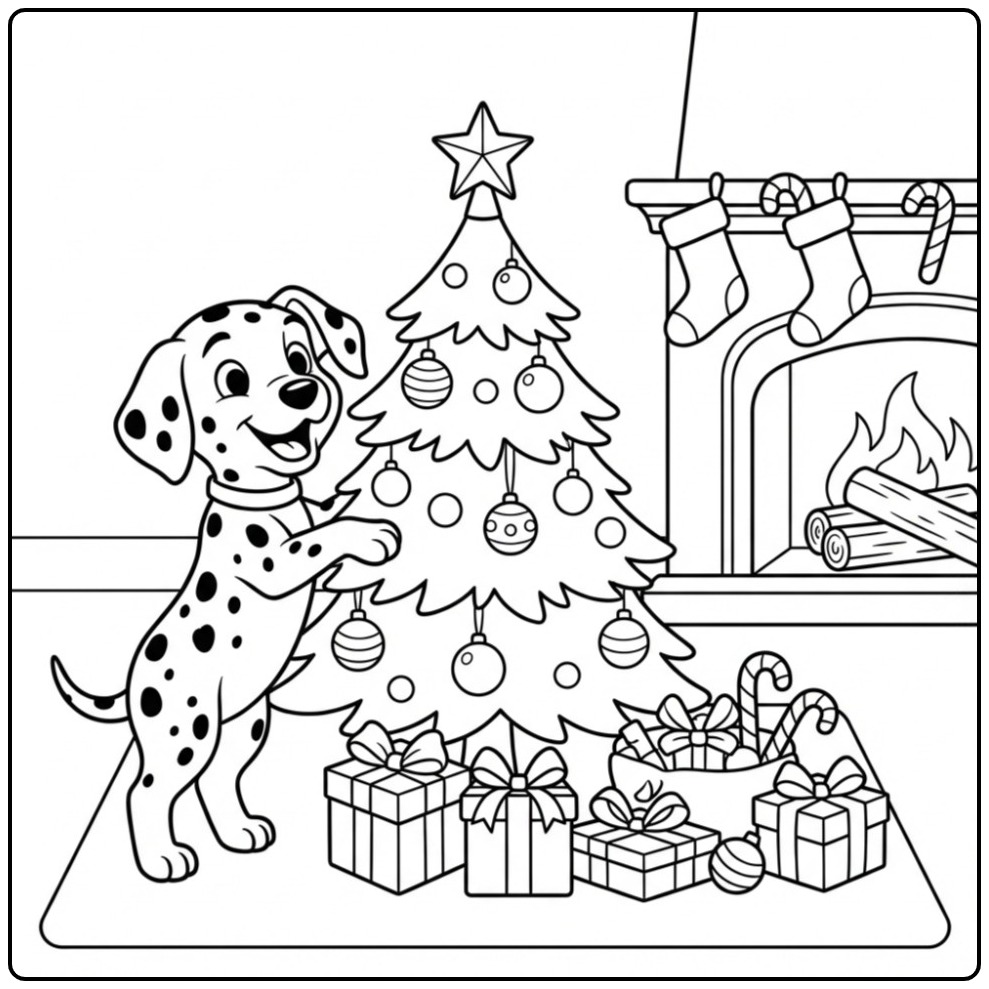 Cheerful Christmas Dalmatian with Gifts coloring page