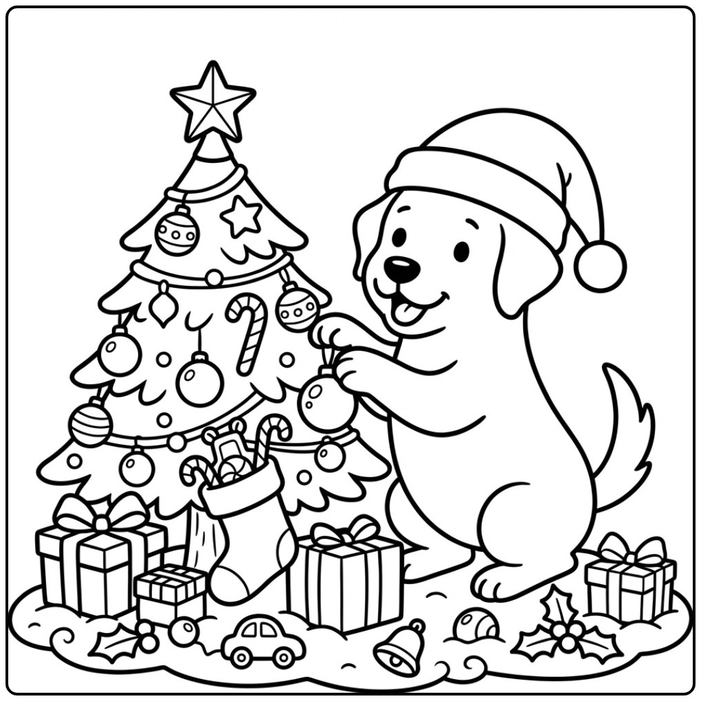 Cheerful Christmas Labrador with Santa Hat and Tree coloring page