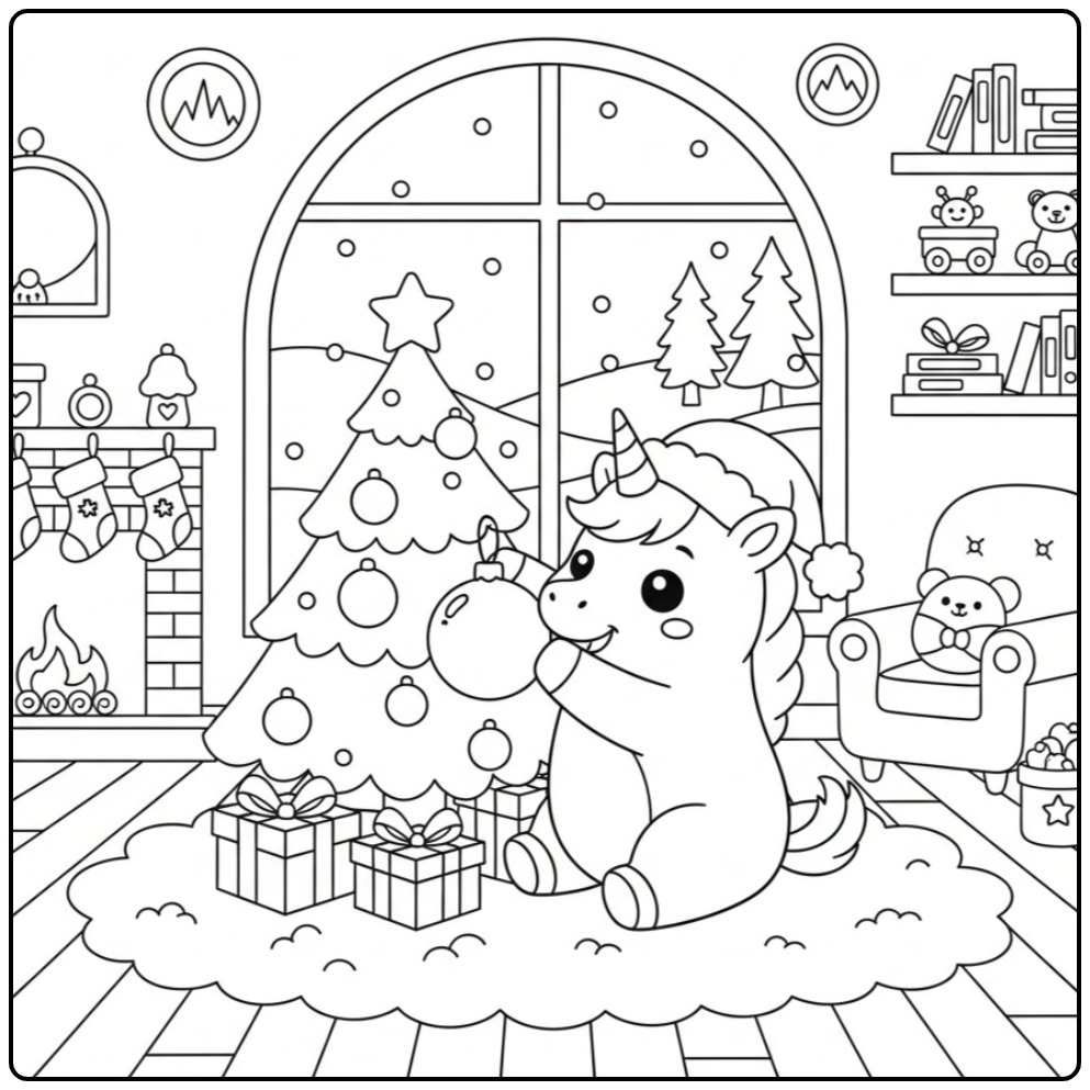 Cheerful Baby Unicorn with the Christmas Tree coloring page