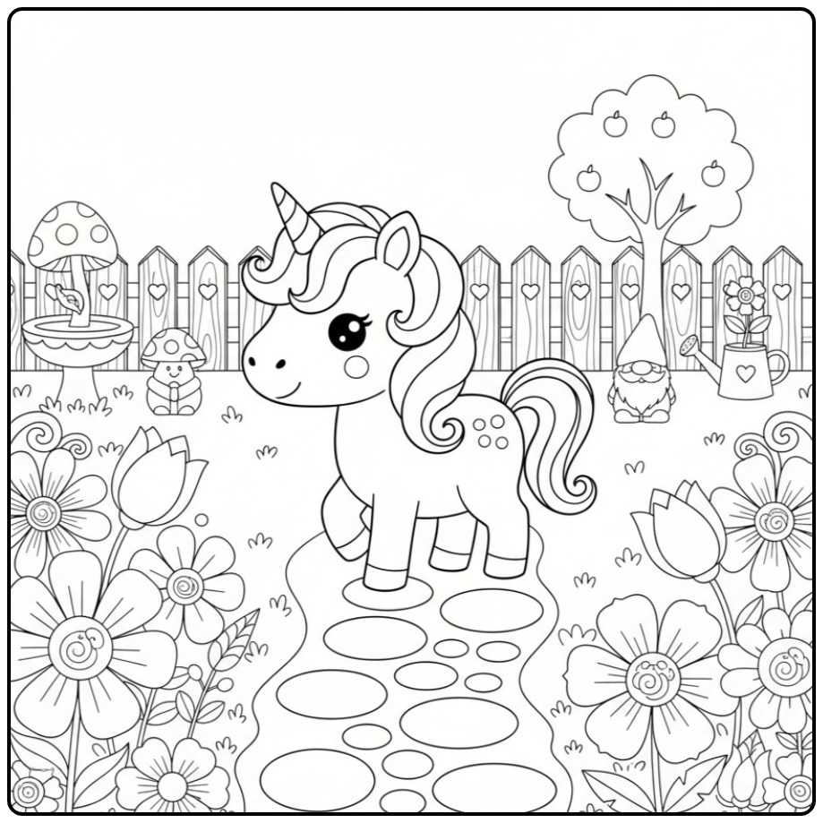 Cheerful Baby Unicorn with Flowers and a Tuinkabouter coloring page