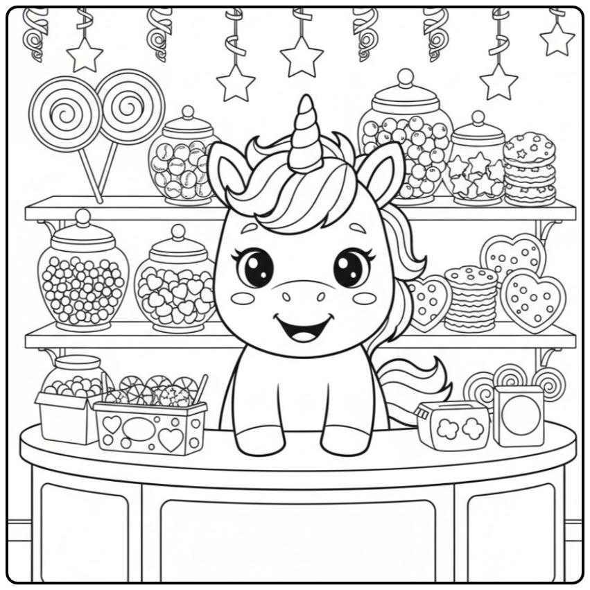 Cheerful Baby Unicorn with Candies and Lollipops coloring page