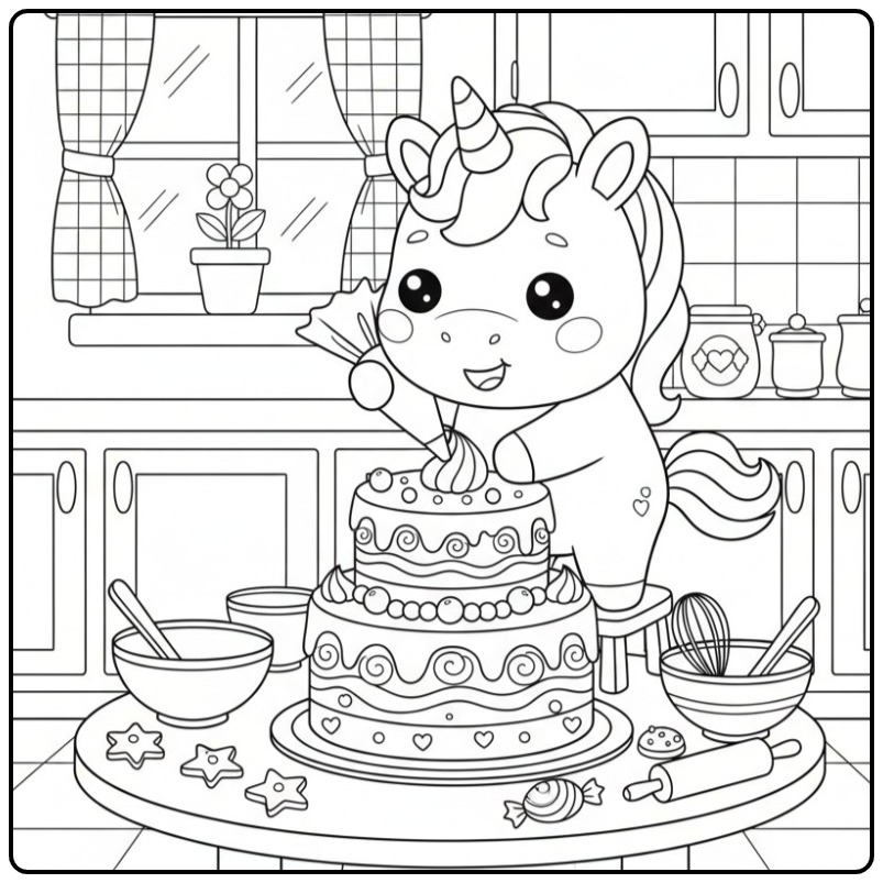 Cheerful Baby Unicorn with Candies in the Kitchen coloring page
