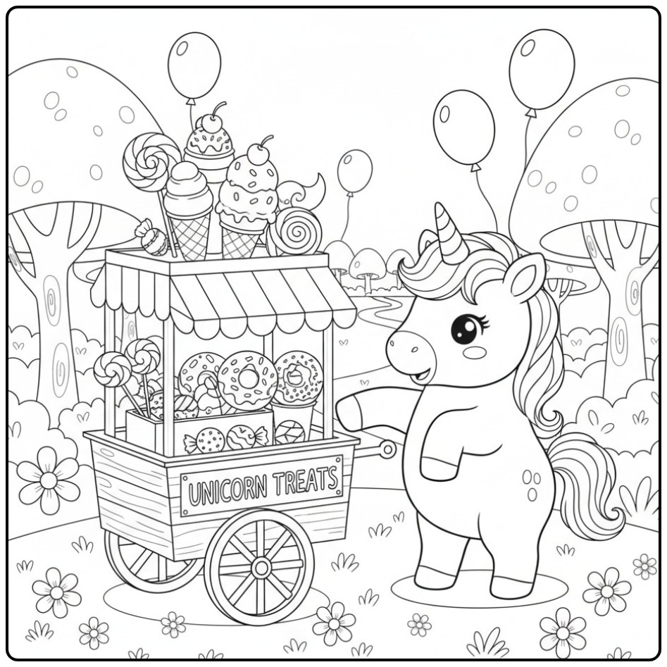 Cheerful Baby Unicorn with Candies in a Park coloring page