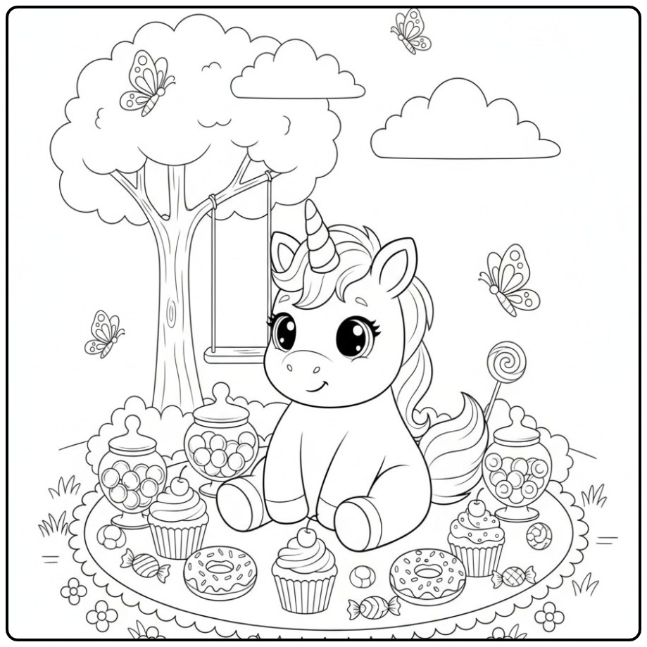 Cheerful Baby Unicorn with Candies on a Picnic coloring page