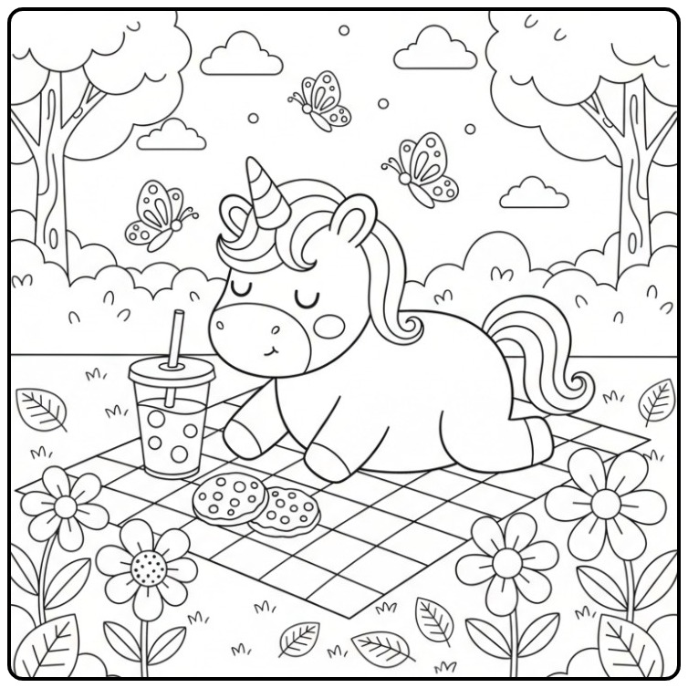 Cheerful Baby Unicorn with Butterflies and Cookies coloring page
