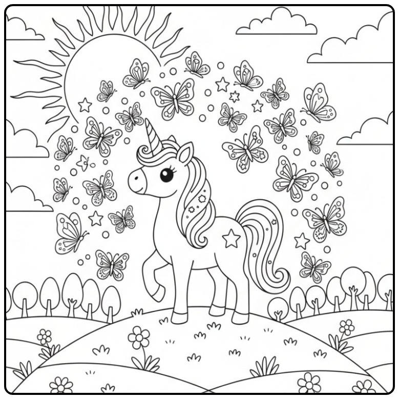 Cheerful Baby Unicorn with Butterflies in Nature coloring page