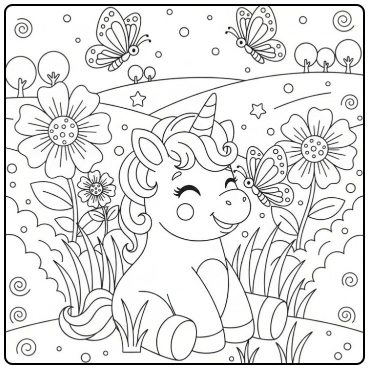 Cheerful Baby Unicorn with Butterflies in a Meadow coloring page