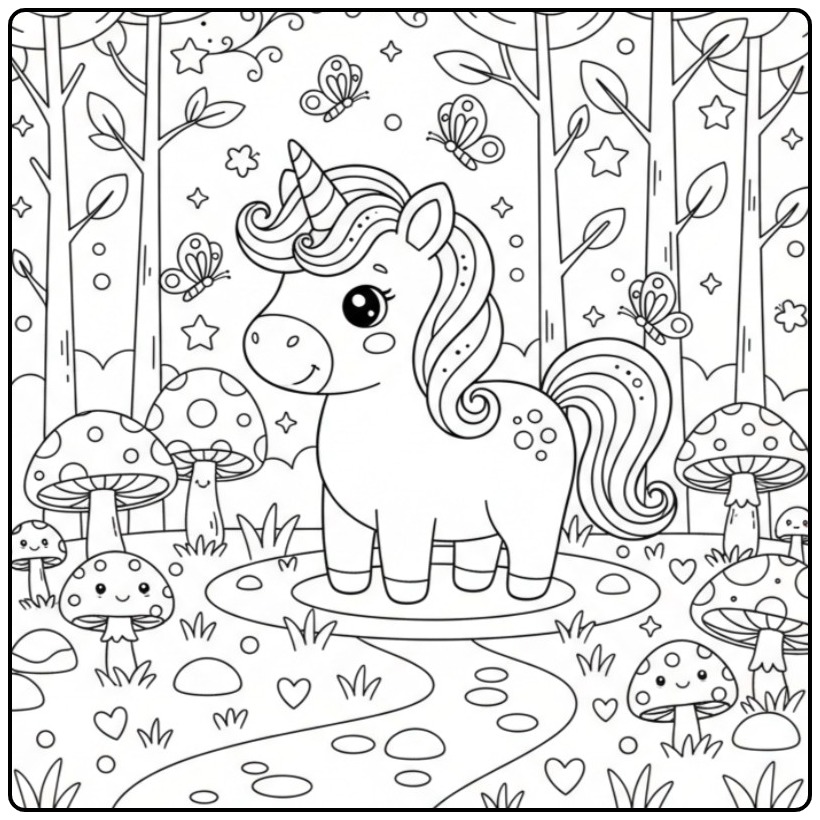 Cheerful Baby Unicorn with Butterflies coloring page