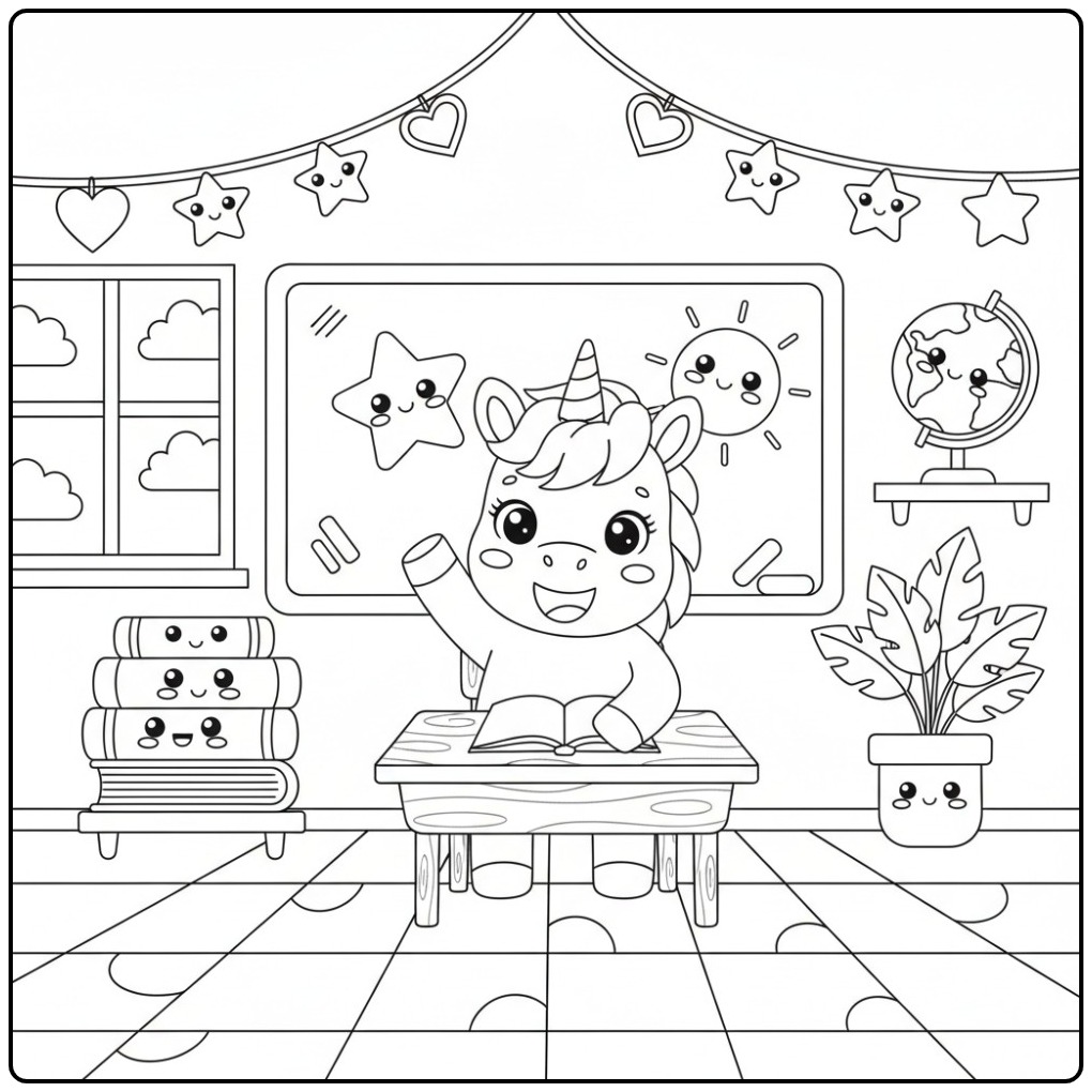 Cheerful Baby Unicorn on School Practicing and Waving coloring page