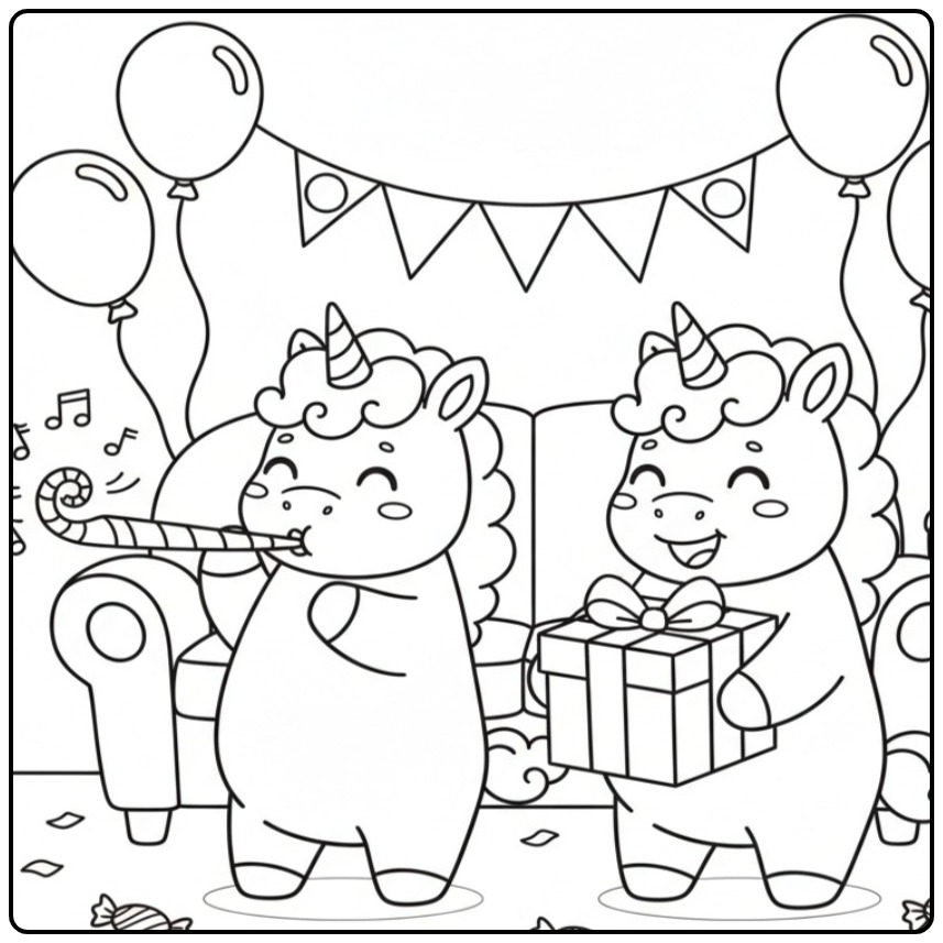 Cheerful Baby Unicorn on Birthday Party coloring page