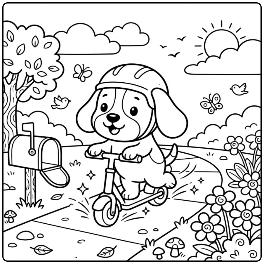 Cheerful Beagle Outside on a Step Riding coloring page