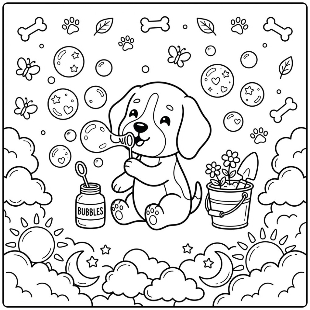 Cheerful Beagle with Bubble Blowing and Flowers coloring page
