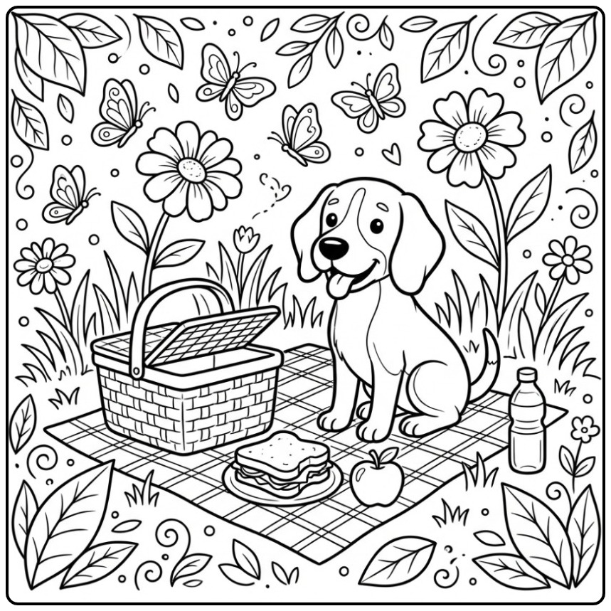 Cheerful Beagle with Picnic Basket in a Meadow coloring page