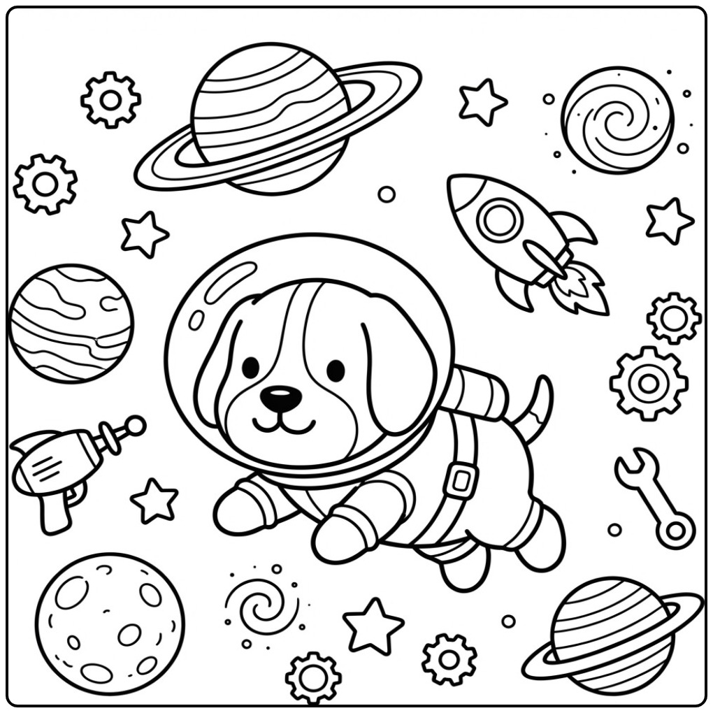 Cheerful Beagle on Adventure in the Space coloring page