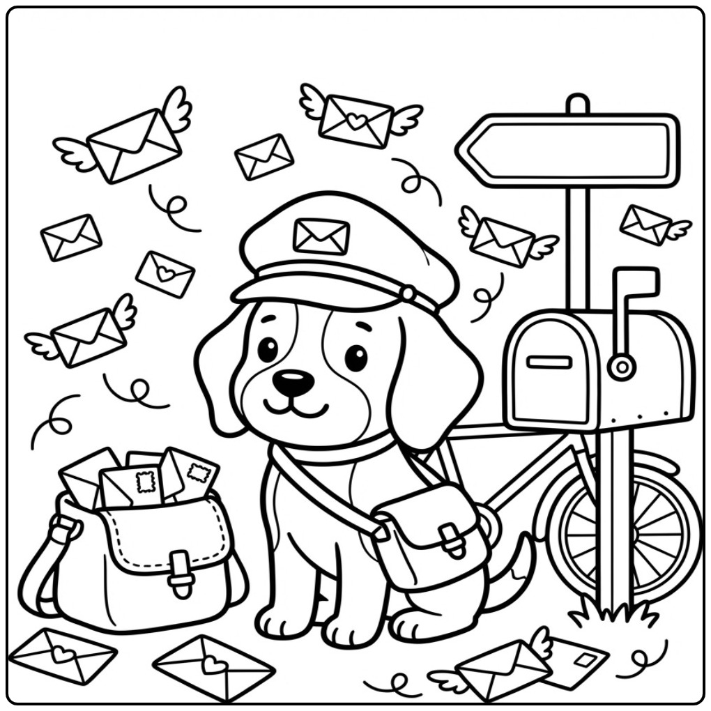 Cheerful Beagle Postbode the Mail Delivering coloring page
