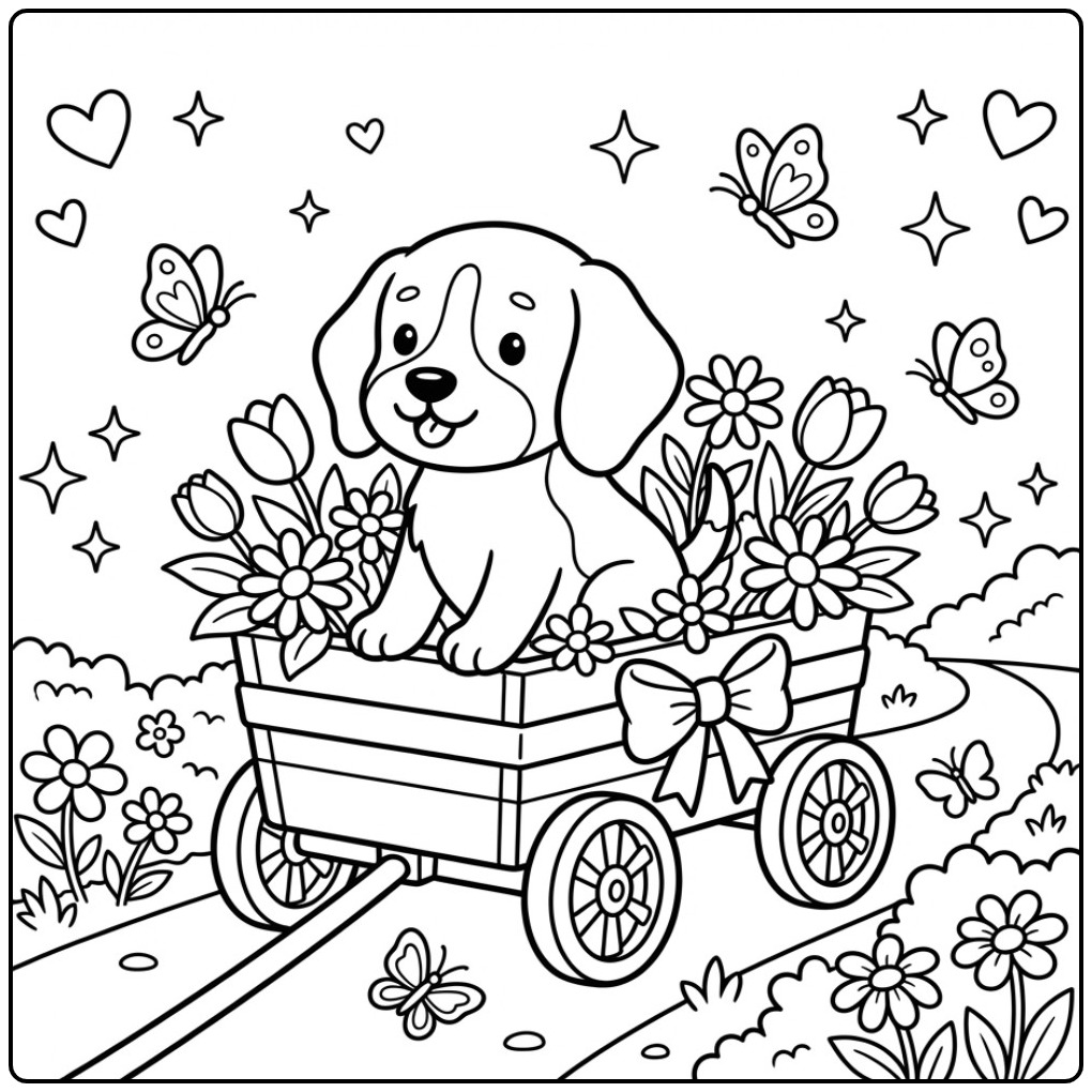 Cheerful Beagle Puppy Surrounded by Lentebloemen coloring page