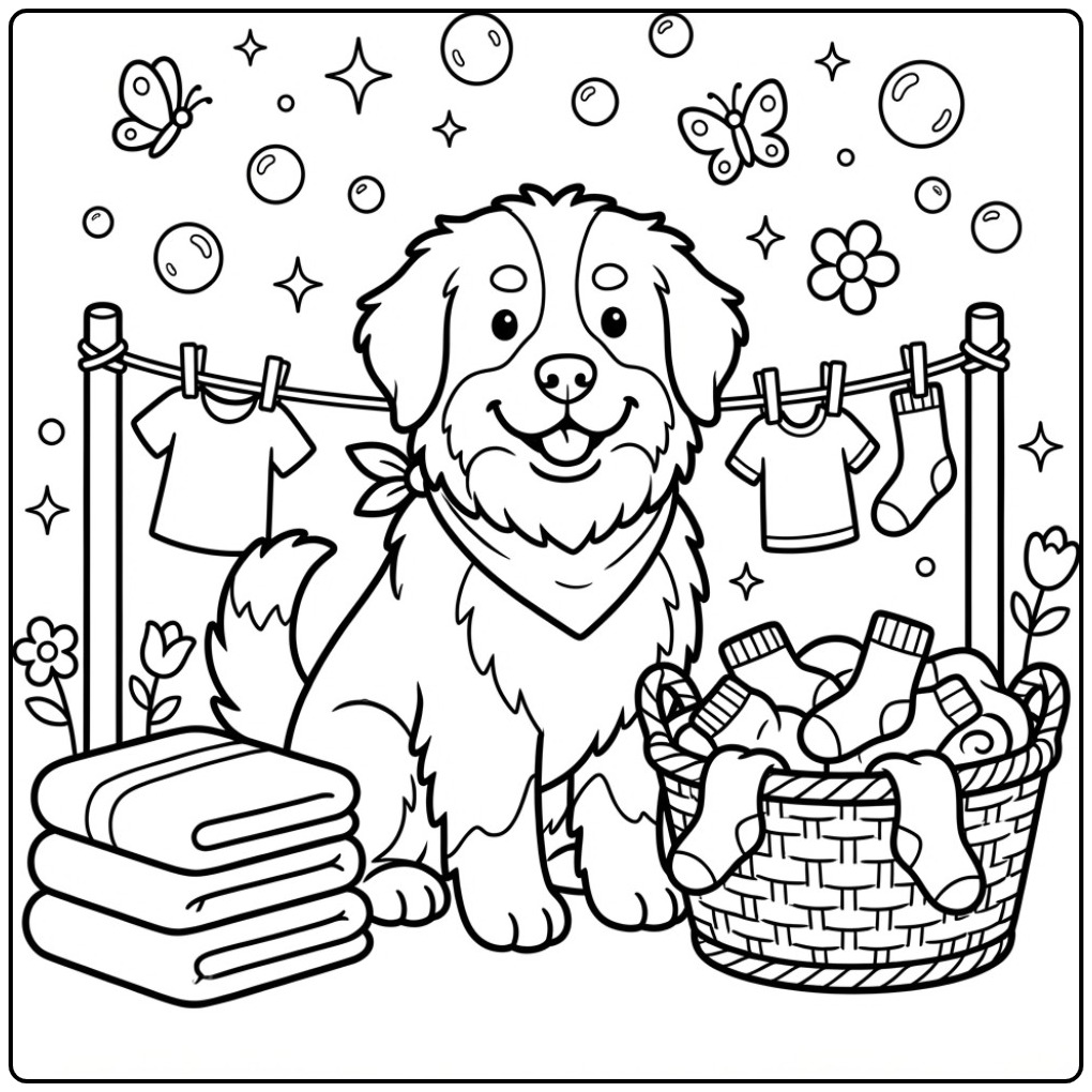 Cheerful Bernese Mountain Dog with the Clothesline coloring page