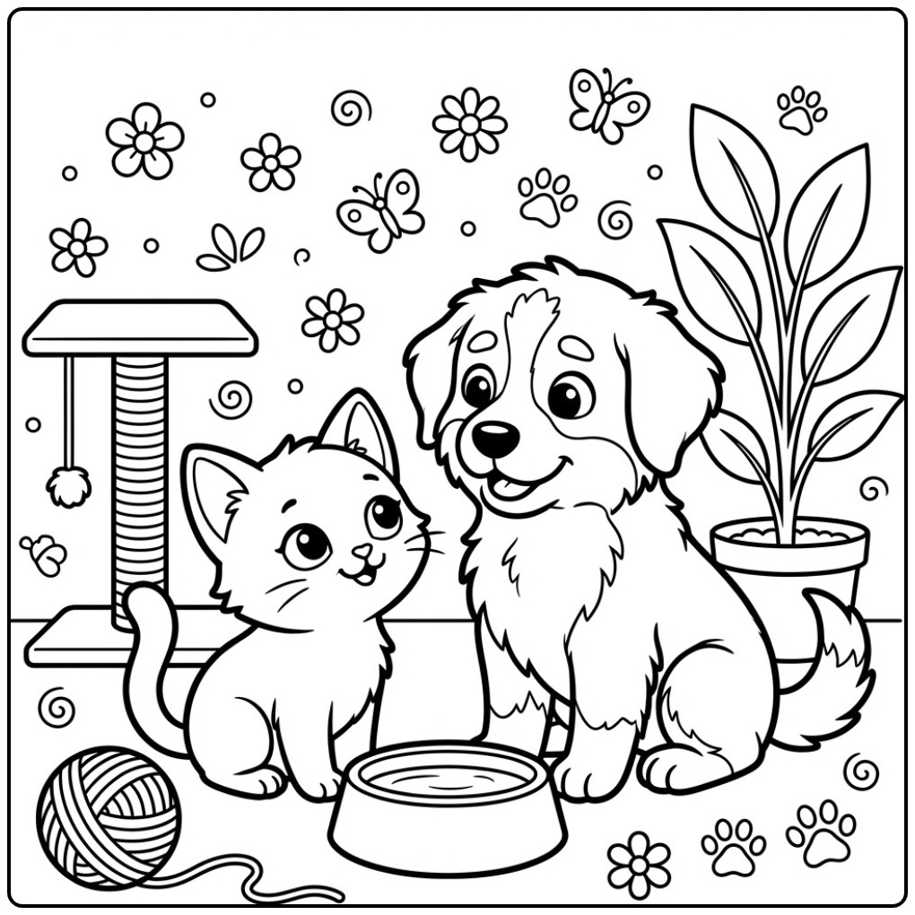 Cheerful Bernese Mountain Dog and a Playful Kitten coloring page