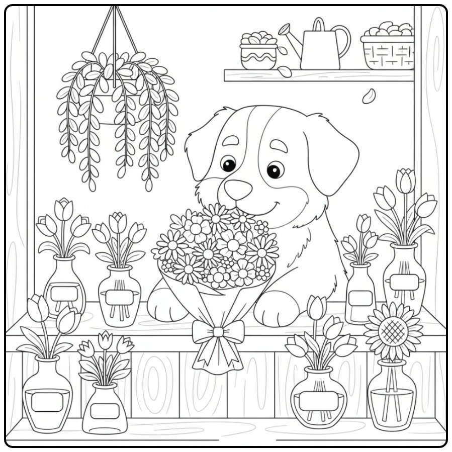 Cheerful Bernese Mountain Dog with a Forest Daisies coloring page