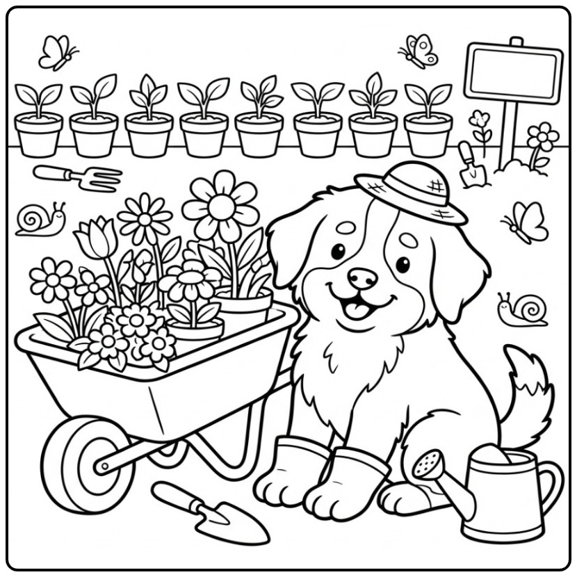 Cheerful Bernese Mountain Dog with a Wheelbarrow coloring page