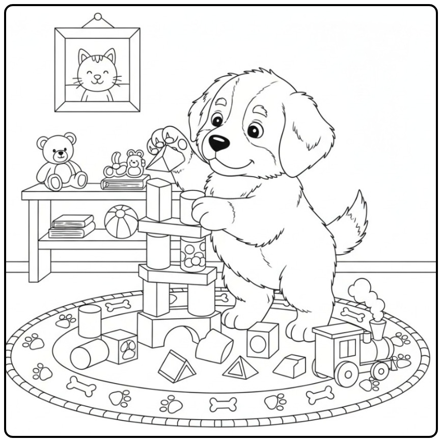 Cheerful Bernese Mountain Dog with Many Toys coloring page