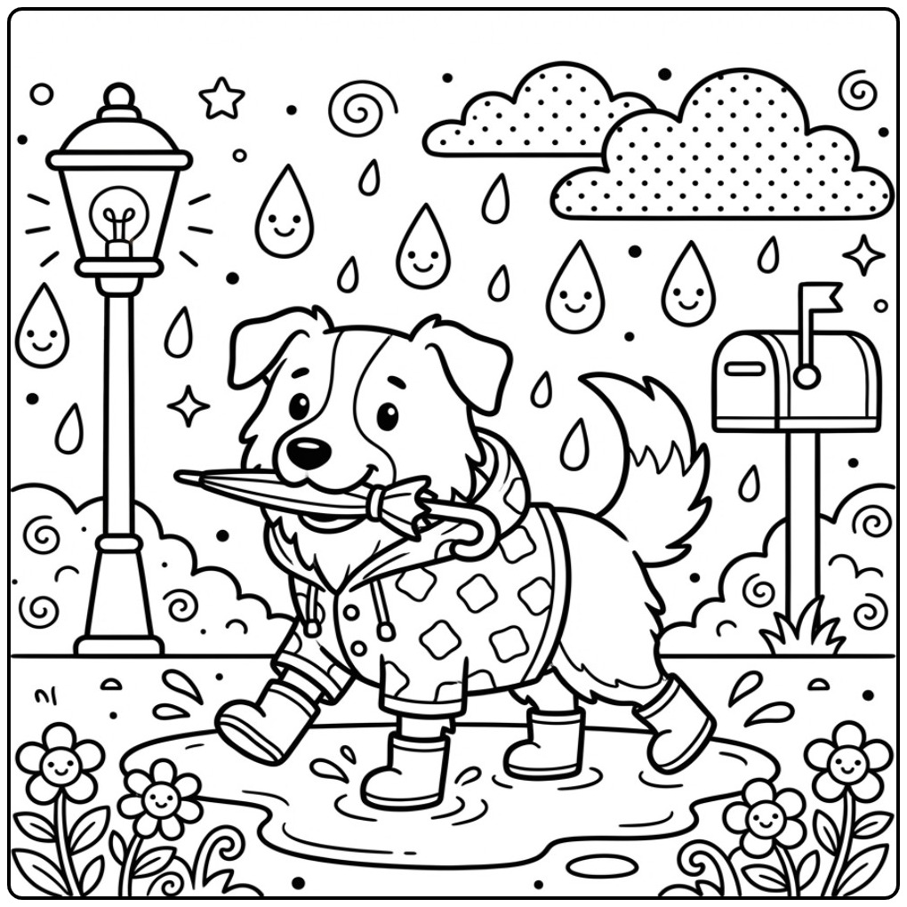 Border Collie Walking in the Rain coloring page