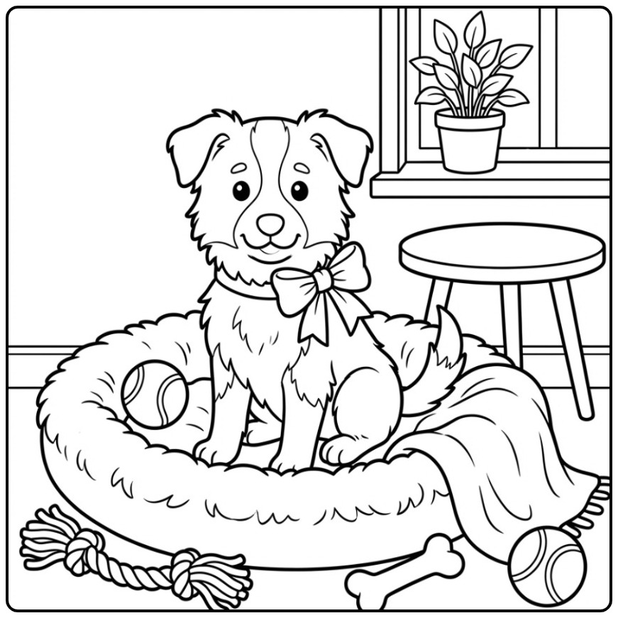 Border Collie Puppy Sitting in a Dog Bed coloring page
