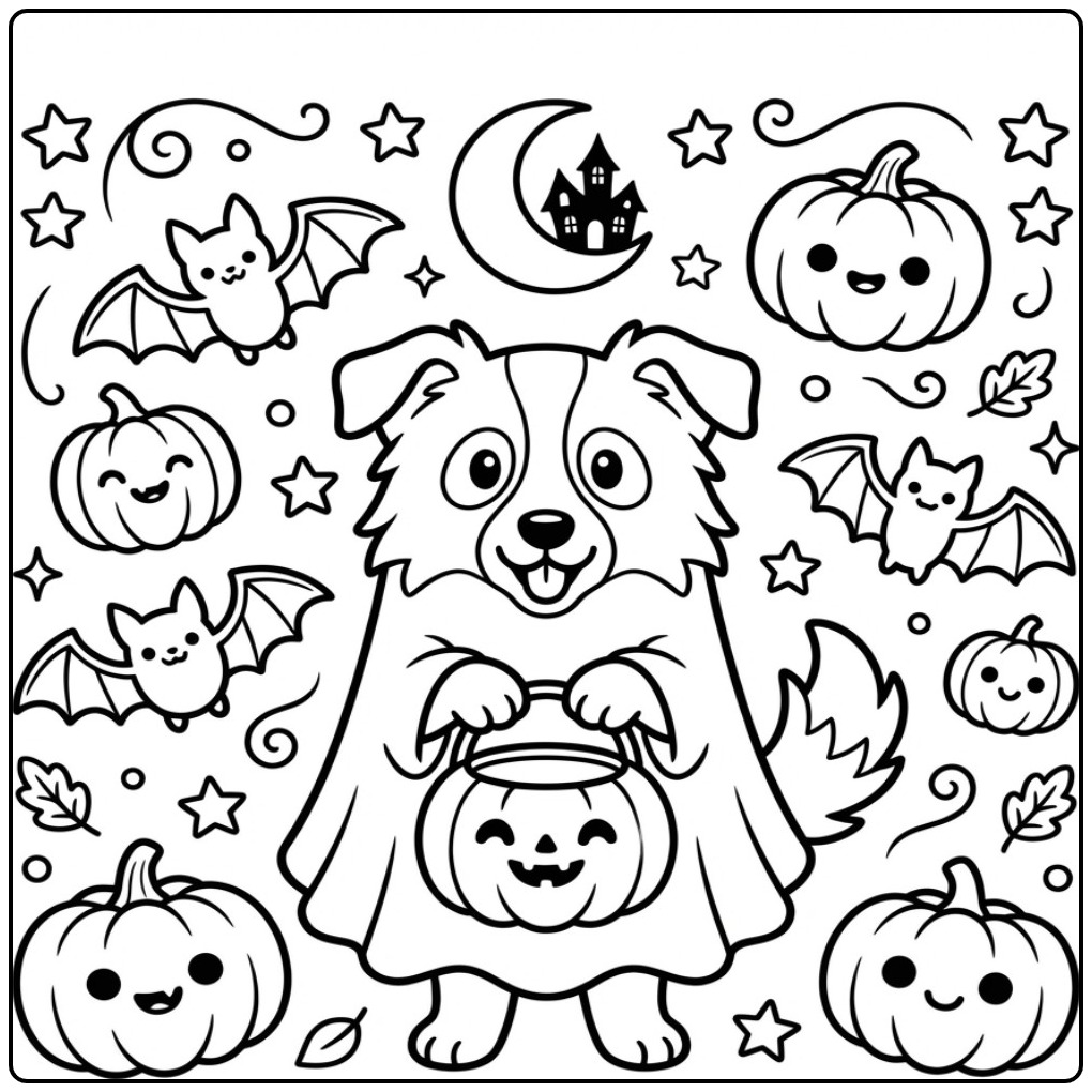 Border Collie in a Halloween Ghost Costume coloring page