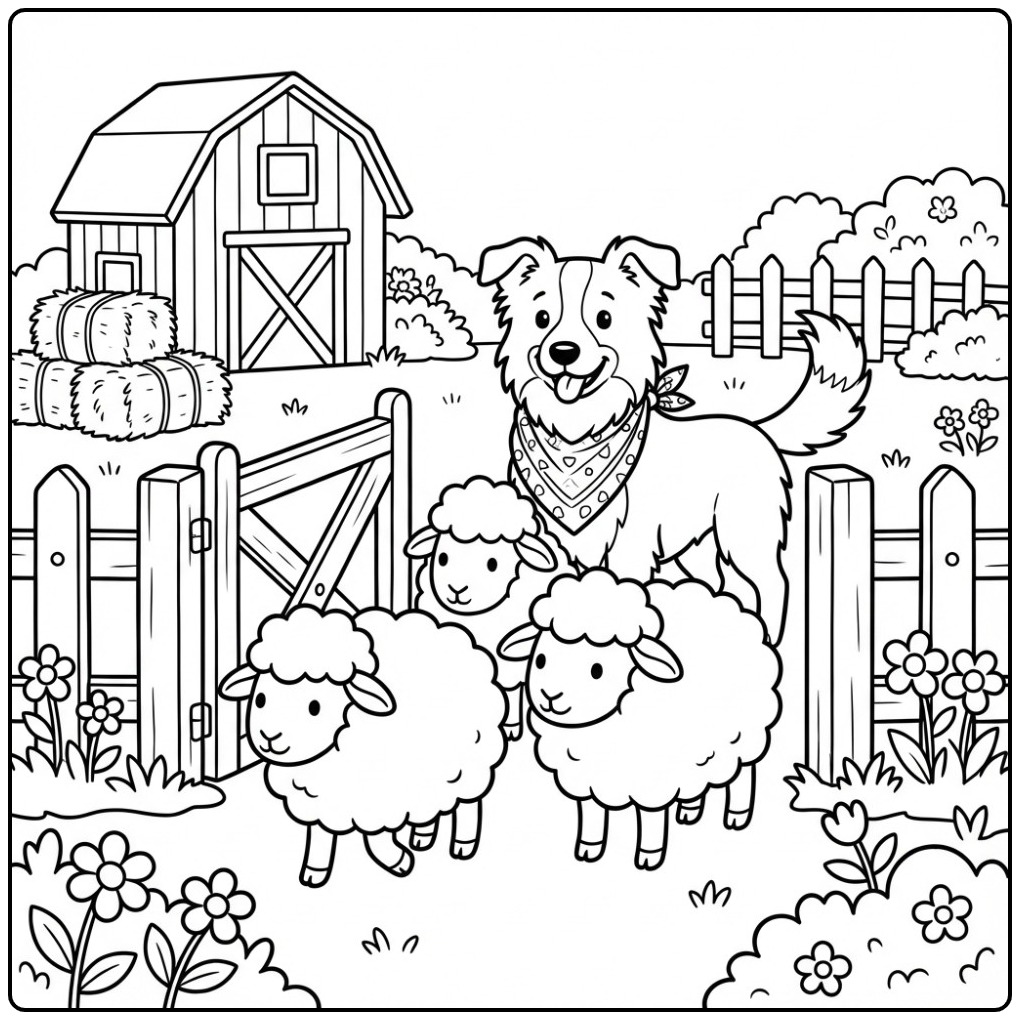 Border Collie Herding Sheep on a Farm coloring page