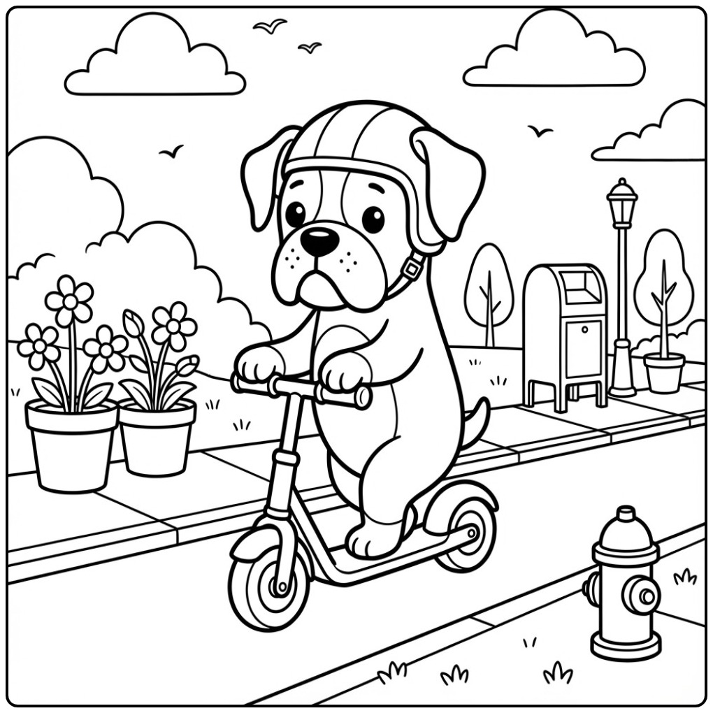 Cheerful Boxer Dog Through the City Riding coloring page