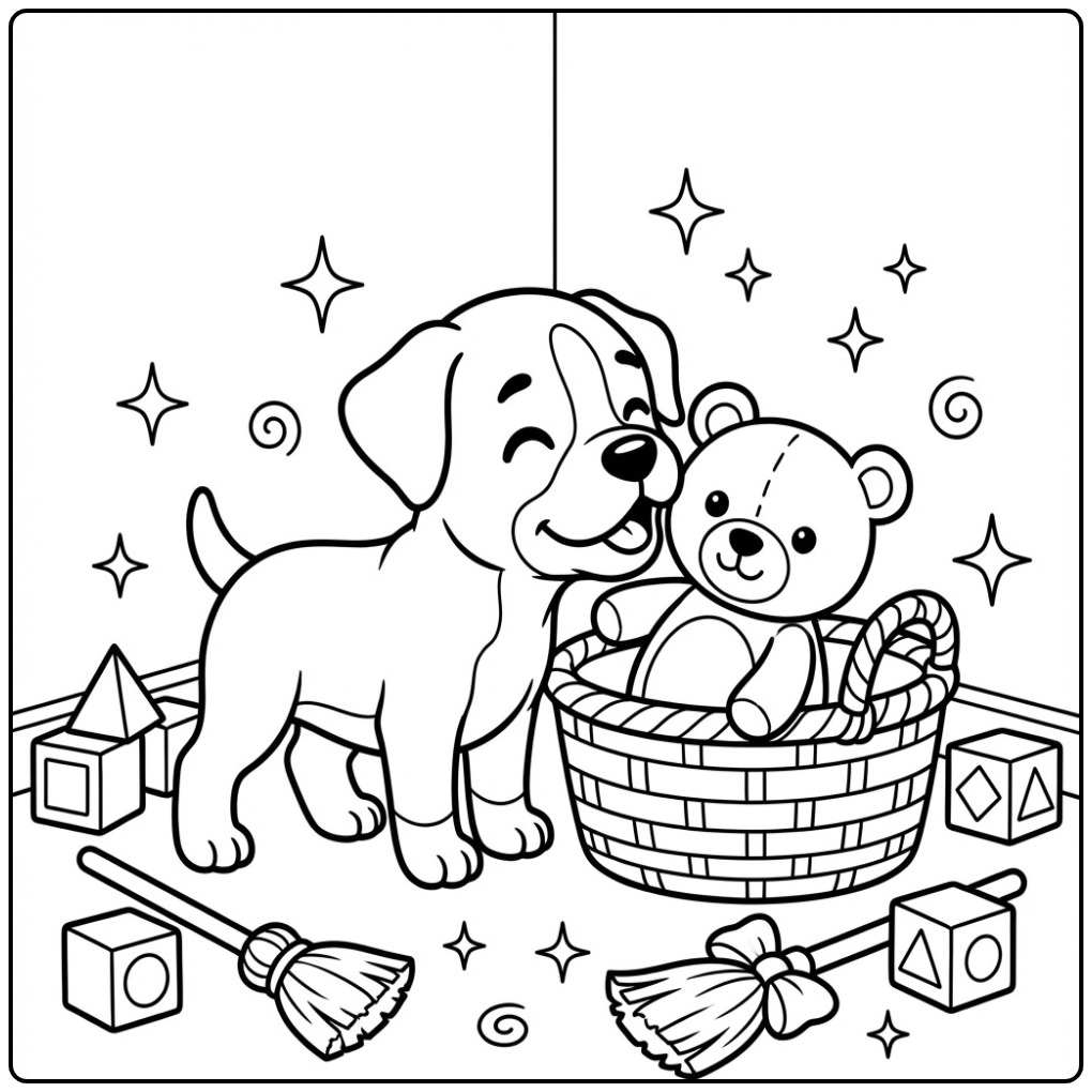 Cheerful Boxer Dog and His Toys coloring page