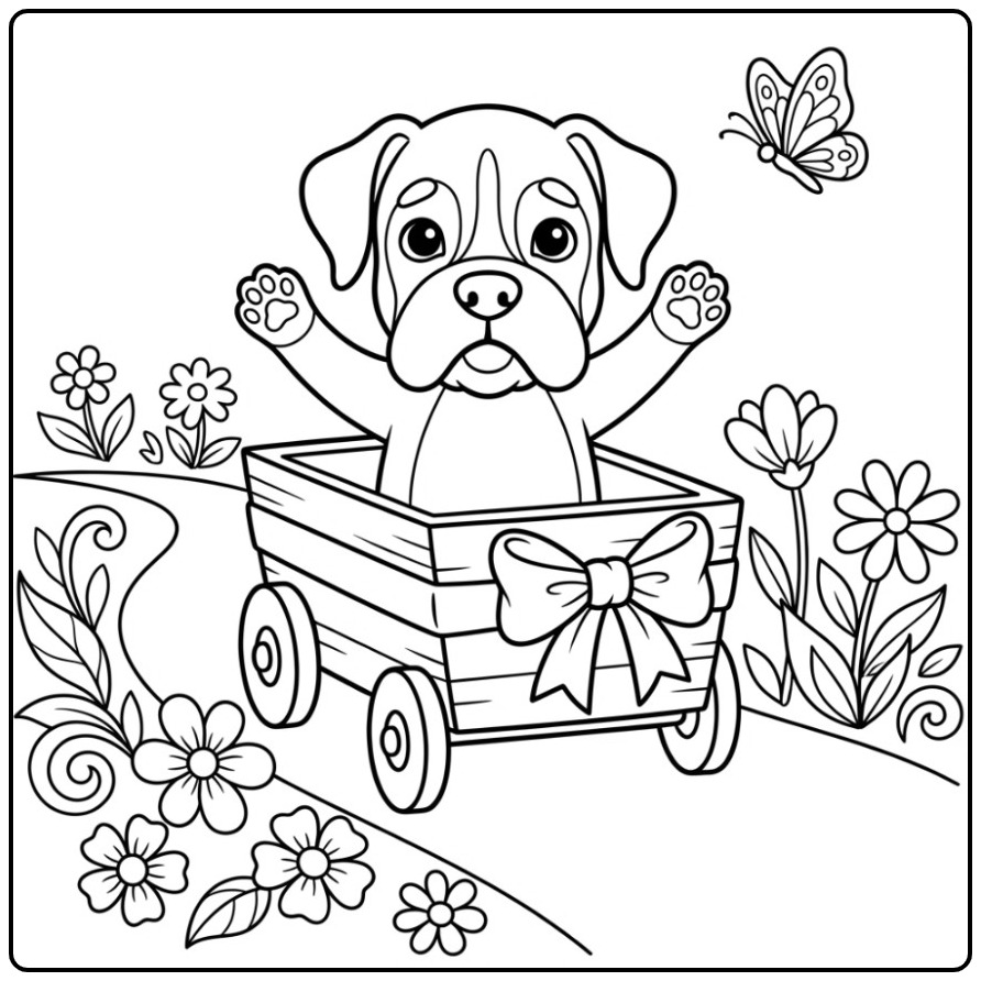 Cheerful Boxer Dog with Flowers and a Butterfly coloring page