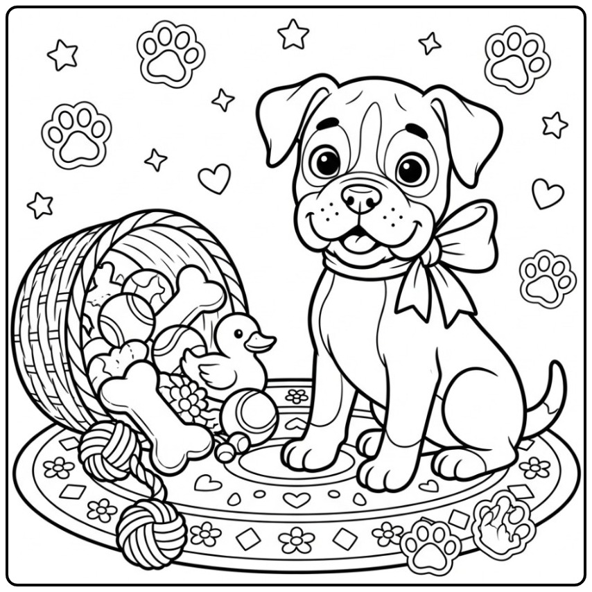 Cheerful Boxer Dog Puppy with a Big Bow coloring page