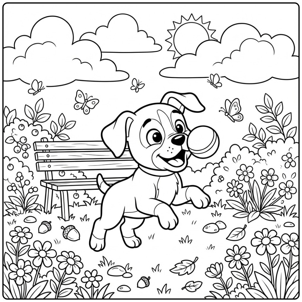 Cheerful Boxer Dog Playing Outside Among Flowers coloring page