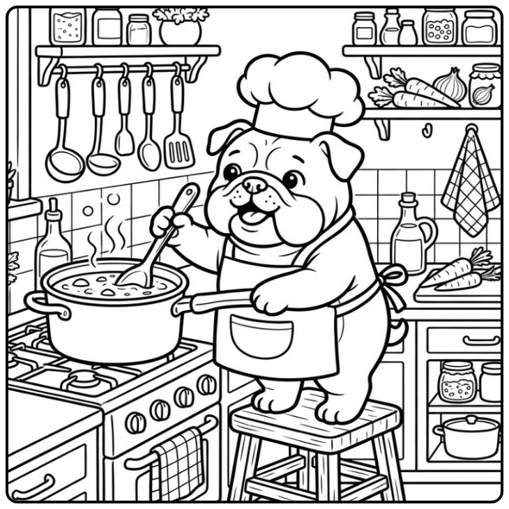 Bulldog Chef Cooking Soup coloring page