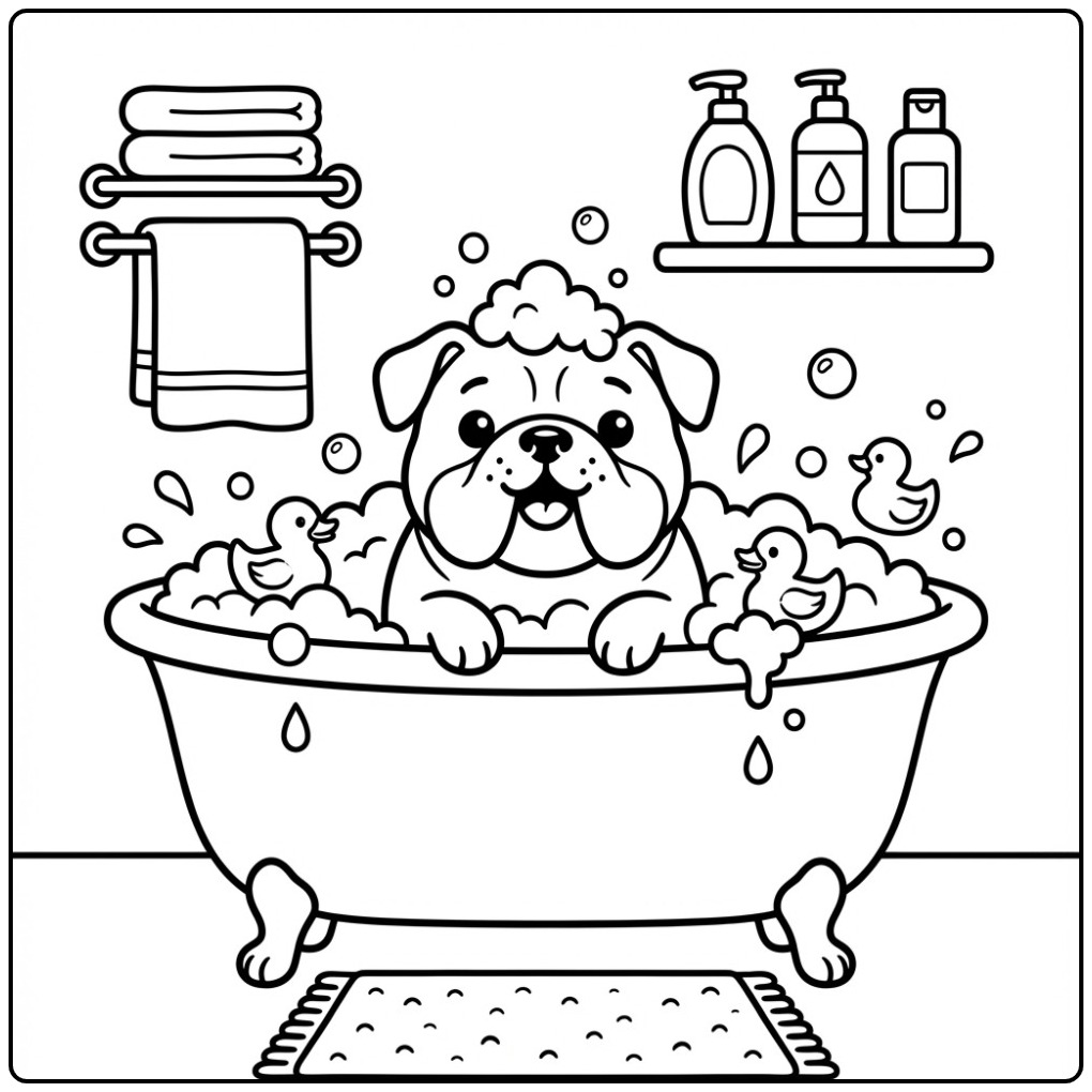 Bulldog Taking a Bubble Bath coloring page
