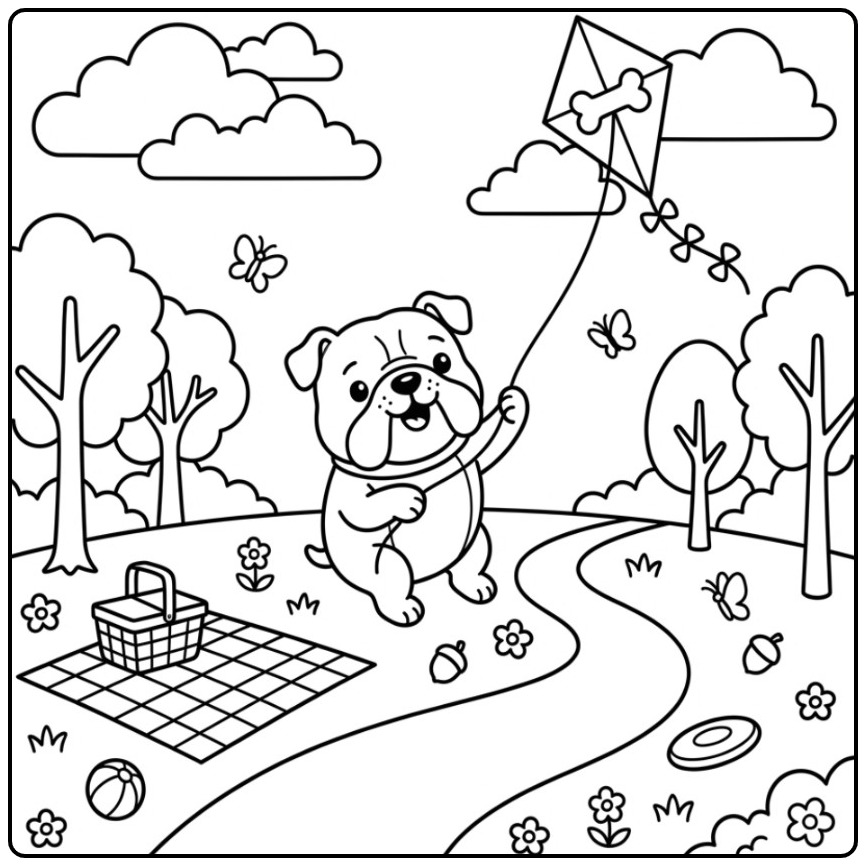 Bulldog Picnic with a Kite coloring page