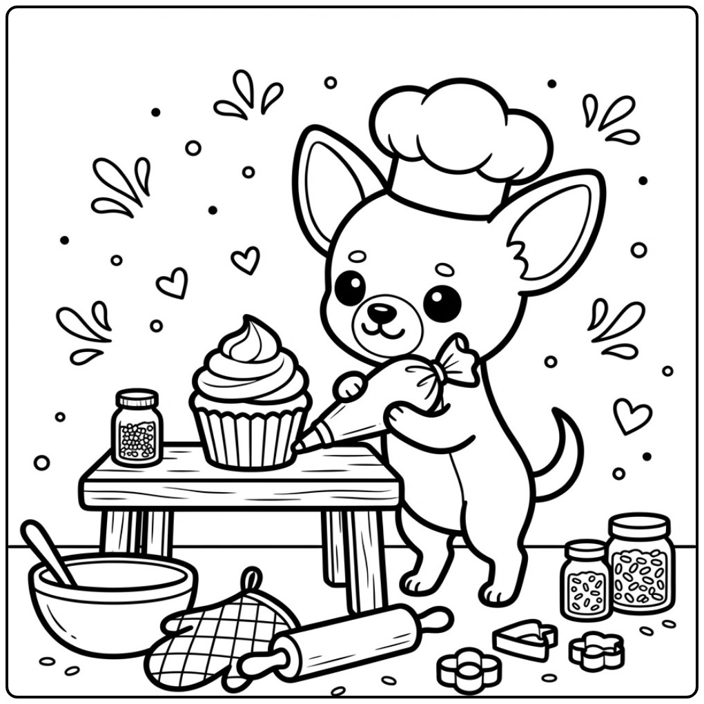 Cheerful Chihuahua as a True Master Baker coloring page