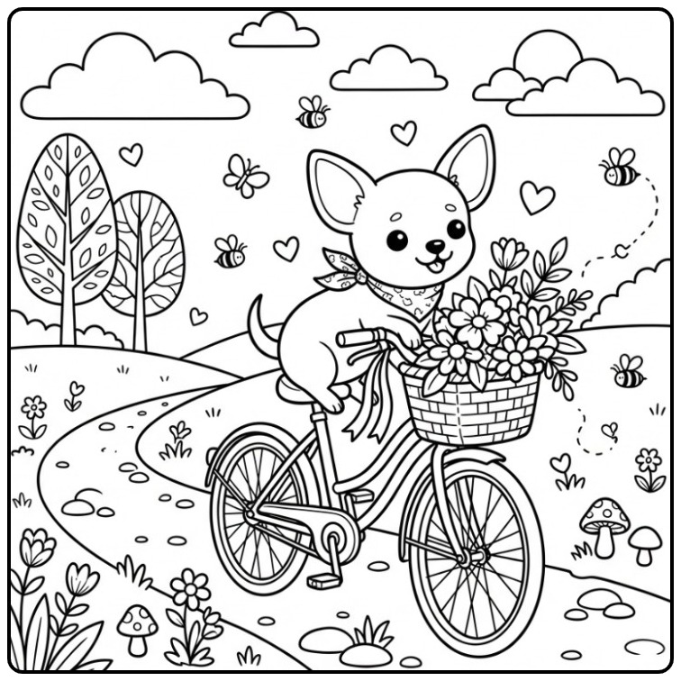 Cheerful Chihuahua Riding Bicycle Through a Sunny Field coloring page