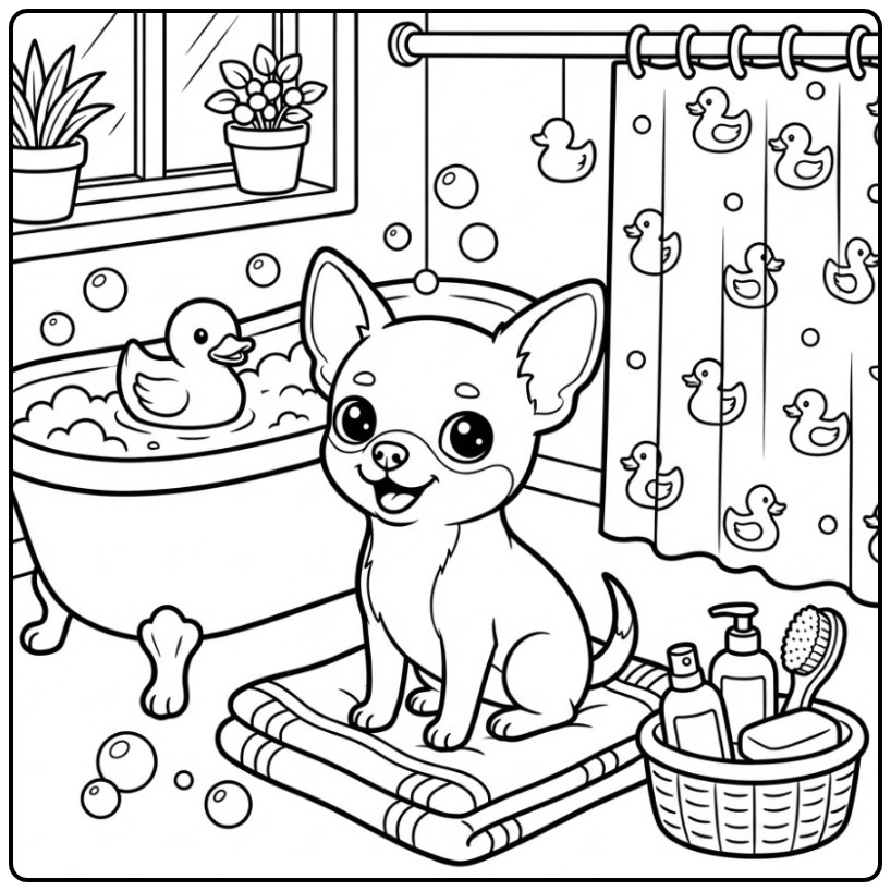 Cheerful Chihuahua in the Badkamer with Ducklings coloring page