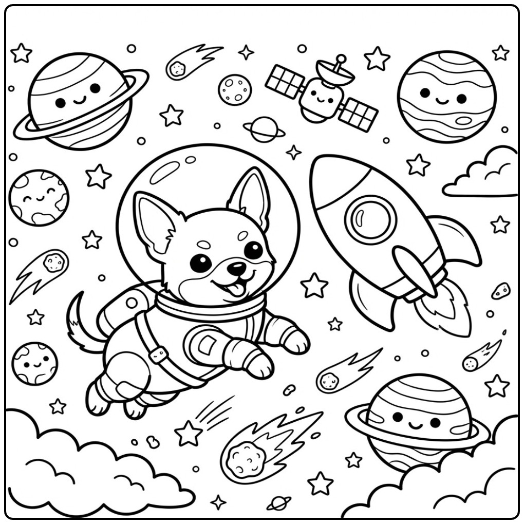 Cheerful Chihuahua with a Rocket and Planets coloring page