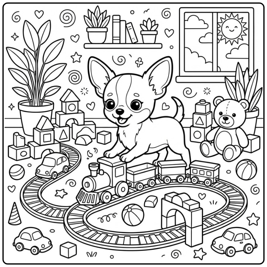 Cheerful Chihuahua Playing with a Speelgoedtrein coloring page