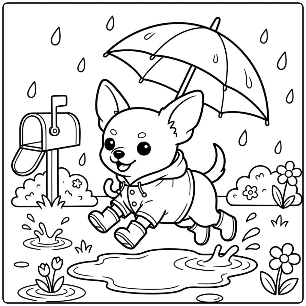Cheerful Chihuahua Jumping Over Puddle with a Jacket coloring page