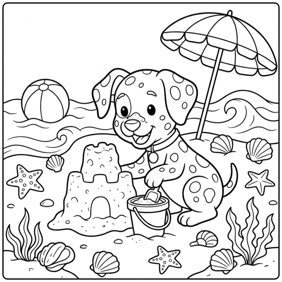 Cheerful Dalmatian Building a Sand Castle coloring page