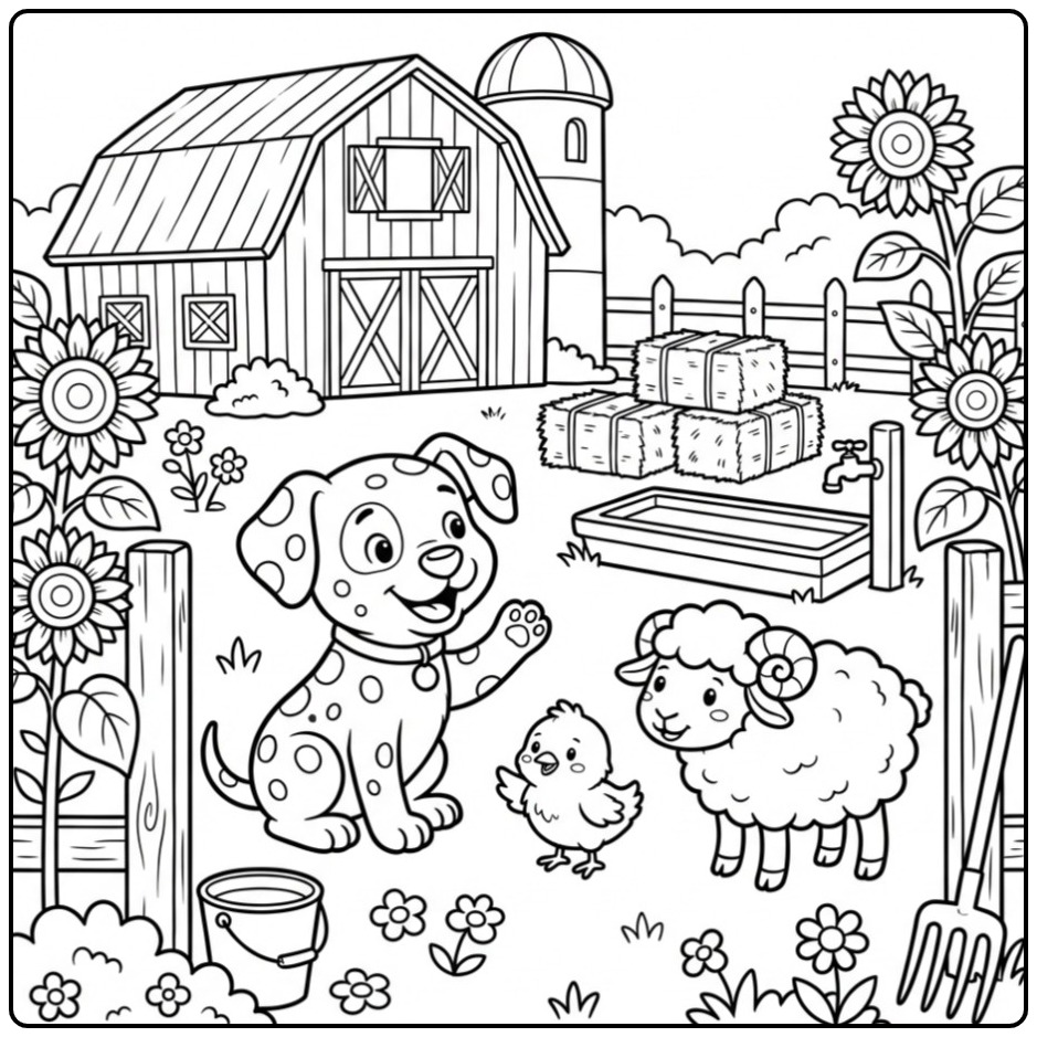 Cheerful Dalmatian Puppy and Farm Animals coloring page
